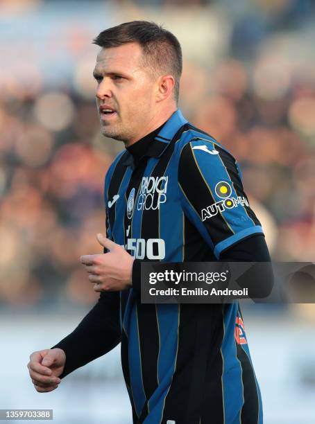 Josip Ilicic of Atalanta BC looks on during the Serie A match between Atalanta BC and AS Roma at Gewiss Stadium on December 18, 2021 in Bergamo,...