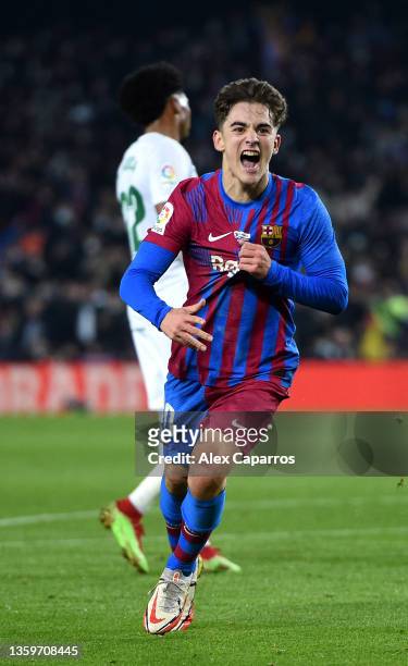 Gavi of FC Barcelona celebrates after scoring their team's second goal during the LaLiga Santander match between FC Barcelona and Elche CF at Camp...