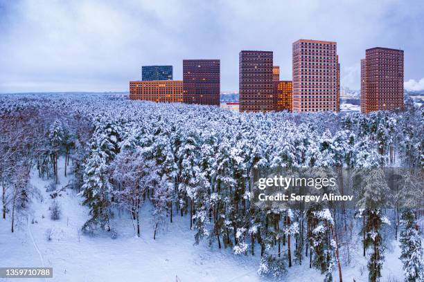 quarter of modern residential houses among snowy forest - krasnogorsky district moscow oblast stock pictures, royalty-free photos & images