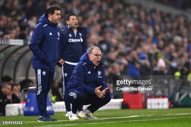 Marcelo Bielsa, Manager of Leeds United reacts during the Premier League match between Leeds United and Arsenal at Elland Road on December 18, 2021...
