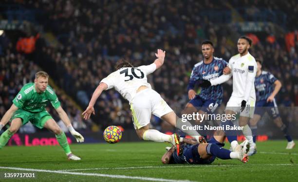 Ben White of Arsenal brings down Joe Gelhardt of Leeds United to concede a penalty during the Premier League match between Leeds United and Arsenal...