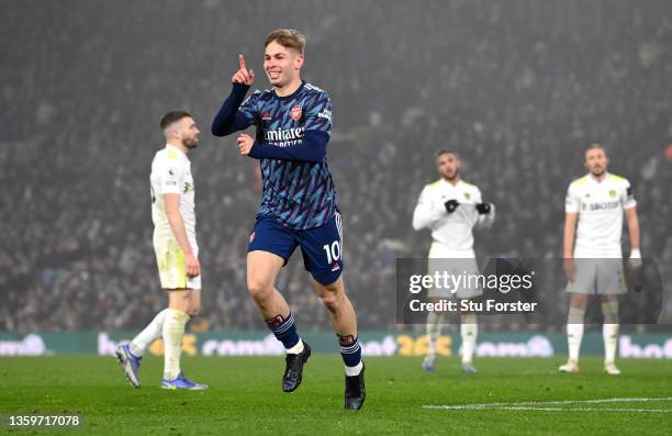 Emile Smith Rowe of Arsenal celebrates after scoring their team's fourth goal during the Premier League match between Leeds United and Arsenal at...