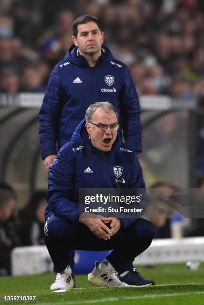 Marcelo Bielsa, Manager of Leeds United reacts during the Premier League match between Leeds United and Arsenal at Elland Road on December 18, 2021...