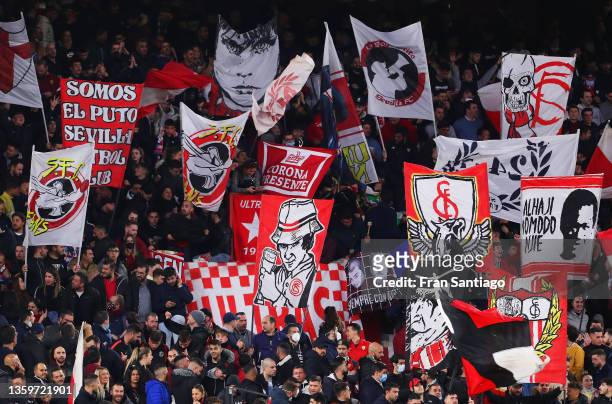 Sevilla FC fans display flags prior to the LaLiga Santander match between Sevilla FC and Club Atletico de Madrid at Estadio Ramon Sanchez Pizjuan on...