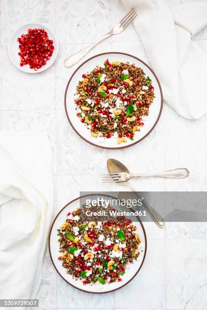 studio shot of two plates of quinoa salad with feta cheese, pomegranate seeds and cashews - quinoa salad stock pictures, royalty-free photos & images
