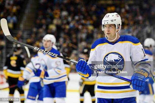 Mark Pysyk of the Buffalo Sabres looks on during the third period of a game against the Pittsburgh Penguins at PPG PAINTS Arena on December 17, 2021...
