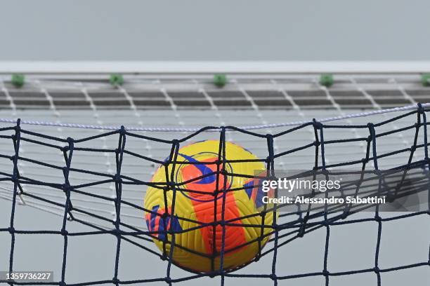 The official nike winter ball in the net during the Serie A match between Bologna FC and Juventus at Stadio Renato Dall'Ara on December 18, 2021 in...