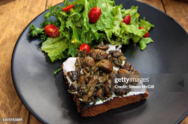 toasted bread with a cream spread, roasted mushrooms with pesto and fried onions, and a side salad of red grape tomatoes and lettuce - toasted bread stock pictures, royalty-free photos & images