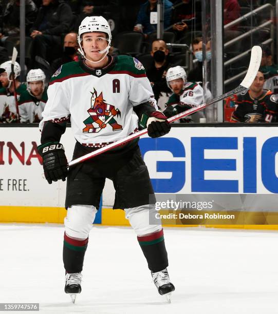 Clayton Keller of the Arizona Coyotes skates during the game against the Anaheim Ducks at Honda Center on December 17, 2021 in Anaheim, California.