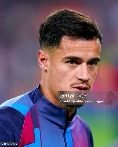 Phillipe Coutinho of FC Barcelona looks on prior to the La Liga Santander match between FC Barcelona and Elche CF at Camp Nou on December 18, 2021 in...