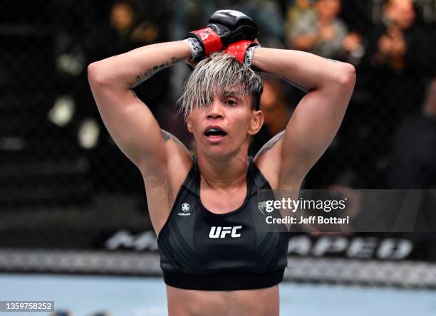 Amanda Lemos of Brazil reacts after the conclusion of her bantamweight fight against Angela Hill during the UFC Fight Night event at UFC APEX on...