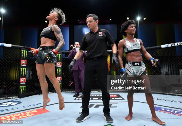 Amanda Lemos of Brazil reacts after her victory over Angela Hill in their bantamweight fight during the UFC Fight Night event at UFC APEX on December...