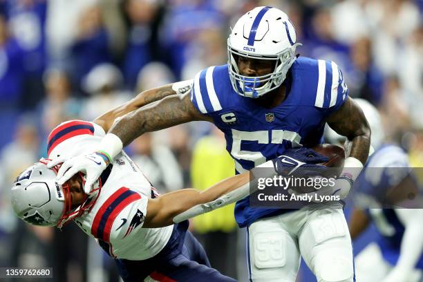 Darius Leonard of the Indianapolis Colts carries the ball after an interception against the New England Patriots during the second quarter at Lucas...