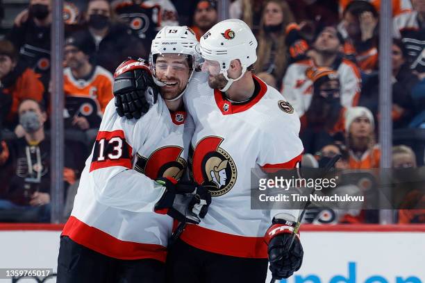 Zach Sanford and Austin Watson of the Ottawa Senators celebrate during the second period against the Philadelphia Flyers at Wells Fargo Center on...