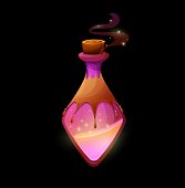 Potion bottle with magic sand, vector glow flask
