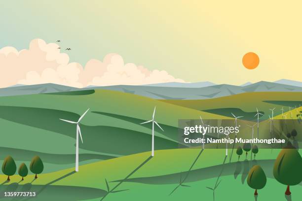 classic energy illustration concept shows beautiful scenery of the wind farm on the top of hill with the freshness of atmosphere on the mountain ranges for producing renewable energy or sustainable energy. - illustration stock-fotos und bilder