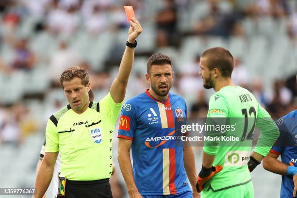 Filip Kurto of the Bullslooks dejected as he is shown a red card by the referee during the A-League mens match between Macarthur FC and Newcastle...