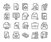 Legal instrument icons. Legal documents forms and contracts line icon set. Editable Stroke.