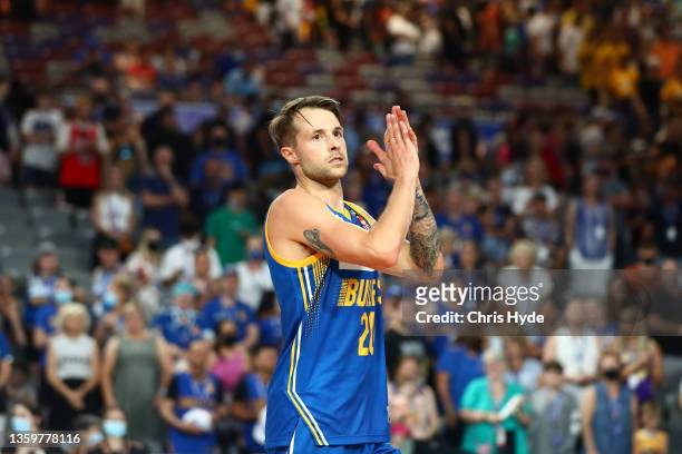 Nathan Sobey of the Bullets celebrates winning the round three NBL match between Brisbane Bullets and Illawarra Hawks at Nissan Arena on December 19...