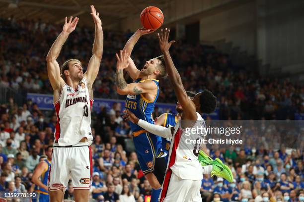 Nathan Sobey of the Bullets shoots during the round three NBL match between Brisbane Bullets and Illawarra Hawks at Nissan Arena on December 19 in...