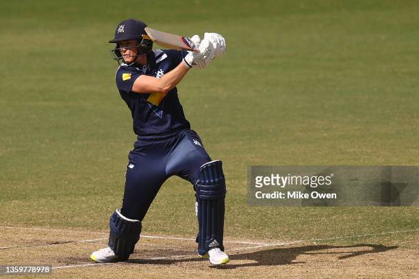 Ellyse Perry of Victoria bats during the WNCL match between Victoria and New South Wales at CitiPower Centre on December 19, 2021 in Melbourne,...