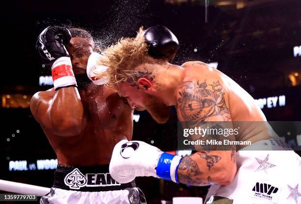 Jake Paul fights Tyron Woodley during a rematch of an eight-round cruiserweight bout at the Amalie Arena on December 18, 2021 in Tampa, Florida.