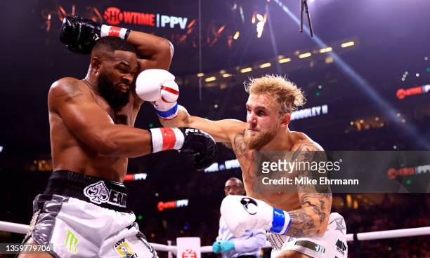 Jake Paul fights Tyron Woodley during a rematch of an eight-round cruiserweight bout at the Amalie Arena on December 18, 2021 in Tampa, Florida.