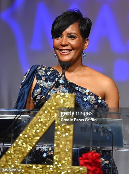 Atlanta mayor Keisha Lance Bottoms speaks onstage at 38th Annual Atlanta UNCF Mayor's Masked Ball at Atlanta Marriott Marquis on December 18, 2021 in...