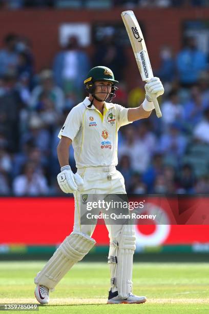 Marnus Labuschagne of Australia celebrates scoring a half century during day four of the Second Test match in the Ashes series between Australia and...