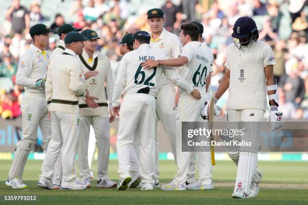 Haseeb Hameed of England walks off the field after being dismissed by Jhye Richardson of Australia for a duck during day four of the Second Test...