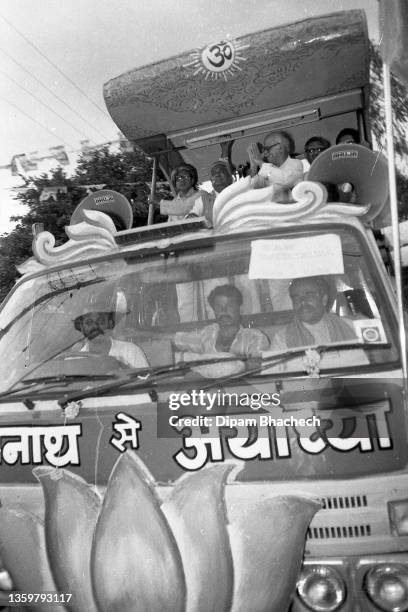 Somnath Ayodhyay Rathyatra passing through Dholka in Gujarat on 26th September 1990. The person on opposite to driver seat is Mr Narendra Modi Mr...