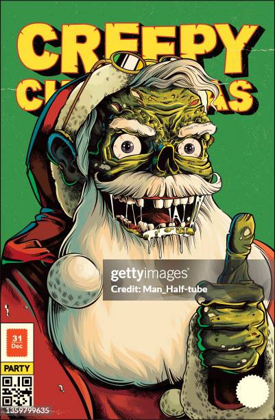 ilustraciones, imágenes clip art, dibujos animados e iconos de stock de tarjeta de navidad zombie de santa - party retro