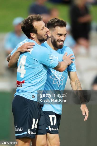 Adam Le Fondre of Sydney FC celebrates with Anthony Caceres after scoring a goal during the A-League mens match between Sydney FC and Wellington...
