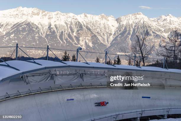 Natalie Maag of Switzerland competes in the first run of the Women's Single race during the FIL Luge World Cup at Olympia-Eiskanal Igls on December...