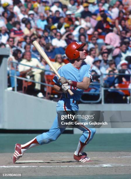 Larry Bowa of the Philadelphia Phillies bats against the Pittsburgh Pirates during a Major League Baseball game at Three Rivers Stadium in 1976 in...