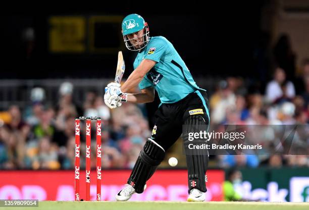 Chris Lynn of the Heat plays a shot during the Men's Big Bash League match between the Brisbane Heat and the Sydney Thunder at The Gabba, on December...