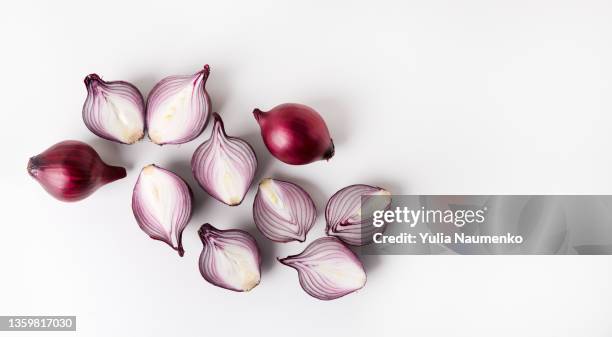 fresh red onion on a white background. - spanish onion fotografías e imágenes de stock