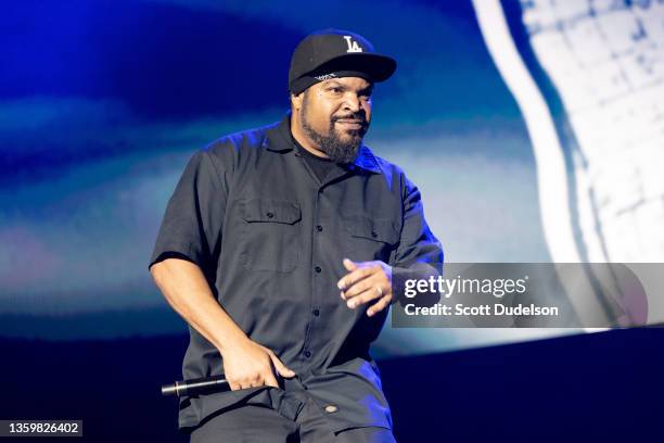 Rapper Ice Cube performs onstage during Once Upon a Time in LA Music Festival at Banc of California Stadium on December 18, 2021 in Los Angeles,...