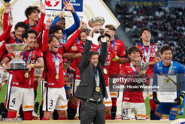 Ricardo Rodriguez, coach of Urawa Red Diamonds celebrates with the trophy after the 101st Emperor's Cup final between Urawa Red Diamonds and Oita...