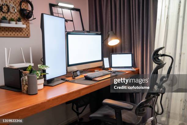 home office for work of place, computer device with white screen on desk in apartments, working at home concept - home office chair stock pictures, royalty-free photos & images