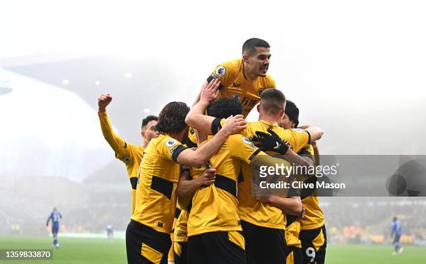 Daniel Podence of Wolverhampton Wanderers celebrates with teammates after scoring a goal which is later disallowed by VAR due to an offside during...