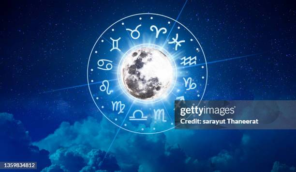 zodiac signs inside of horoscope circle. astrology in the sky with many stars and moons  astrology and horoscopes concept - astrology stock pictures, royalty-free photos & images