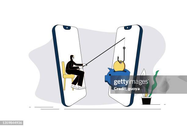 illustrazioni stock, clip art, cartoni animati e icone di tendenza di gli hacker rubano i soldi di altre persone attraverso i telefoni cellulari. - furto