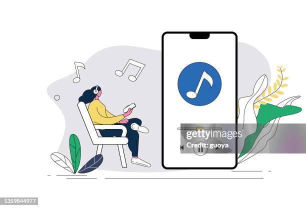 stockillustraties, clipart, cartoons en iconen met woman relaxing listening to music with mobile phone - muzieksymbool