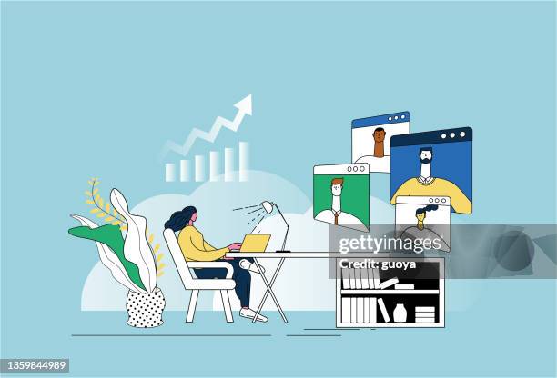 ilustrações de stock, clip art, desenhos animados e ícones de white-collar workers stay at home and have meetings with the company team through video - conference call