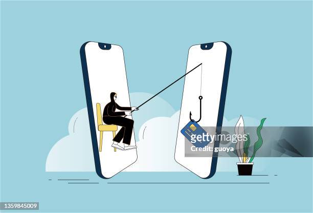 stockillustraties, clipart, cartoons en iconen met hackers steal bank cards from mobile phones. - bank fraud