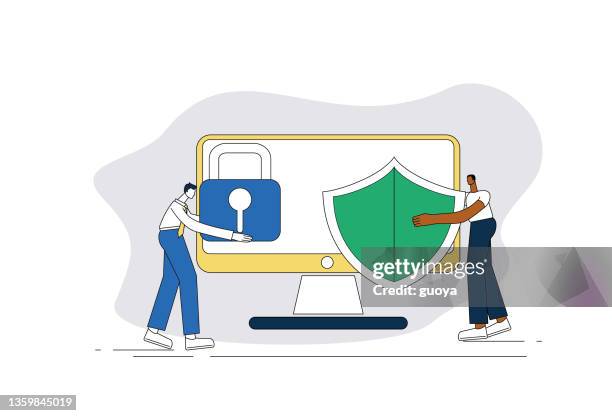 two white-collar workers use locks and firewalls to strengthen computer security - combination lock stock illustrations