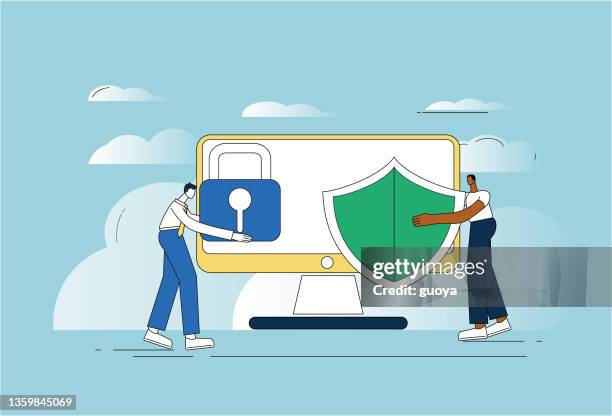 two white-collar workers use locks and firewalls to strengthen computer security - privacy screen stock illustrations