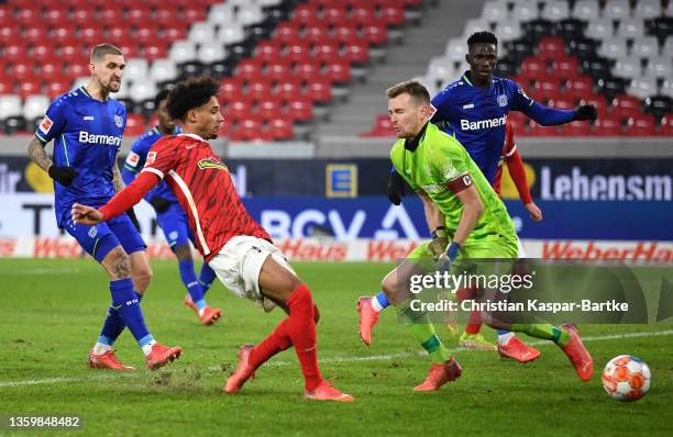 Kevin Schade of SC Freiburg scores their team's second goal during the Bundesliga match between Sport-Club Freiburg and Bayer 04 Leverkusen at Europa...