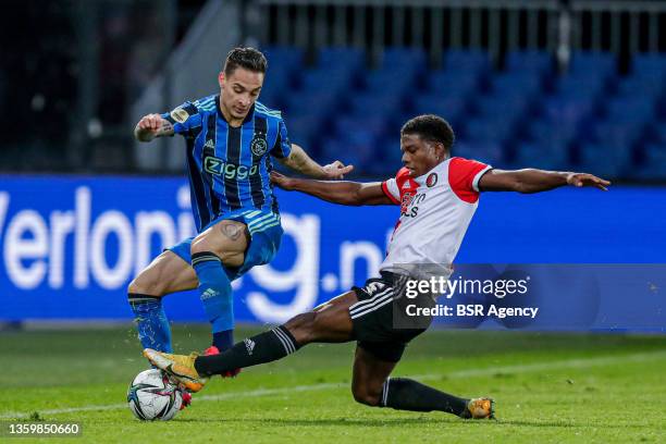 Antony of AFC Ajax Amsterdam, Tyrell Malacia of Feyenoord Rotterdam in action during the Dutch Eredivisie match between Feyenoord Rotterdam and AFC...